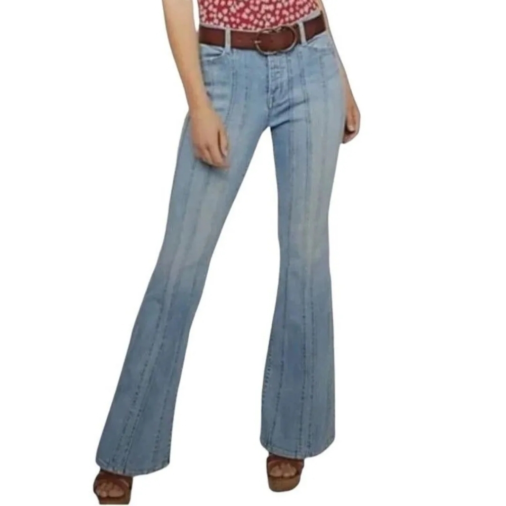 Free People So Many Seams Flare Jeans Buttonfly Blue Hippie Boho Festival 27
